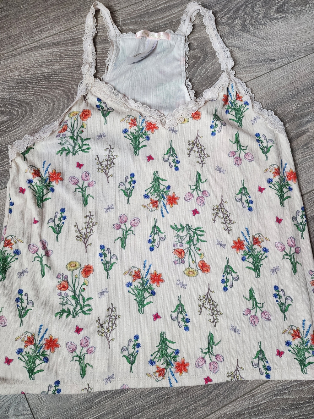 Cream Lace-Trim Cami w/ Colorful Botanical Print Women's XS